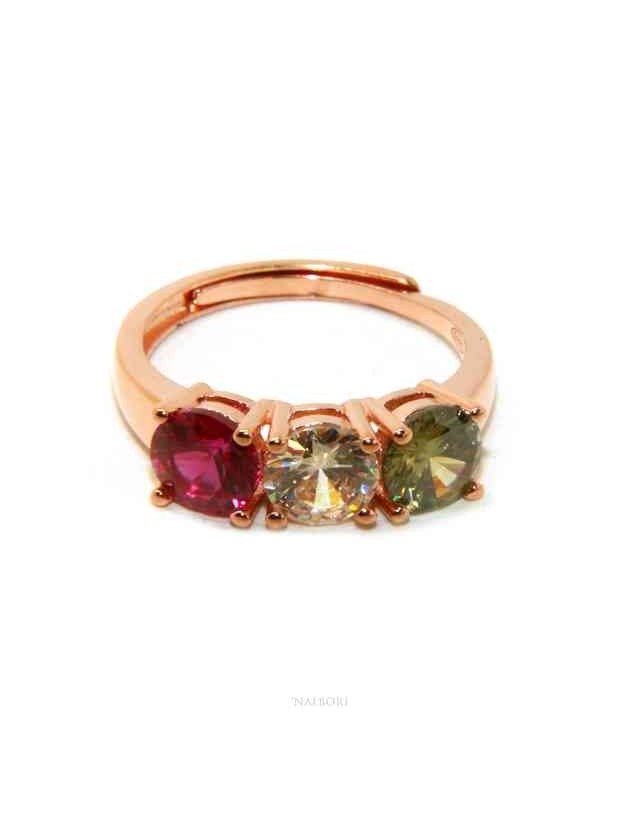 NALBORI anello trilogy per donna zircone verde bianco rosso argento 925 bagno oro rosa NALBORI anello trilogy per donna zircone verde bianco rosso argento 925 bagno oro rosa