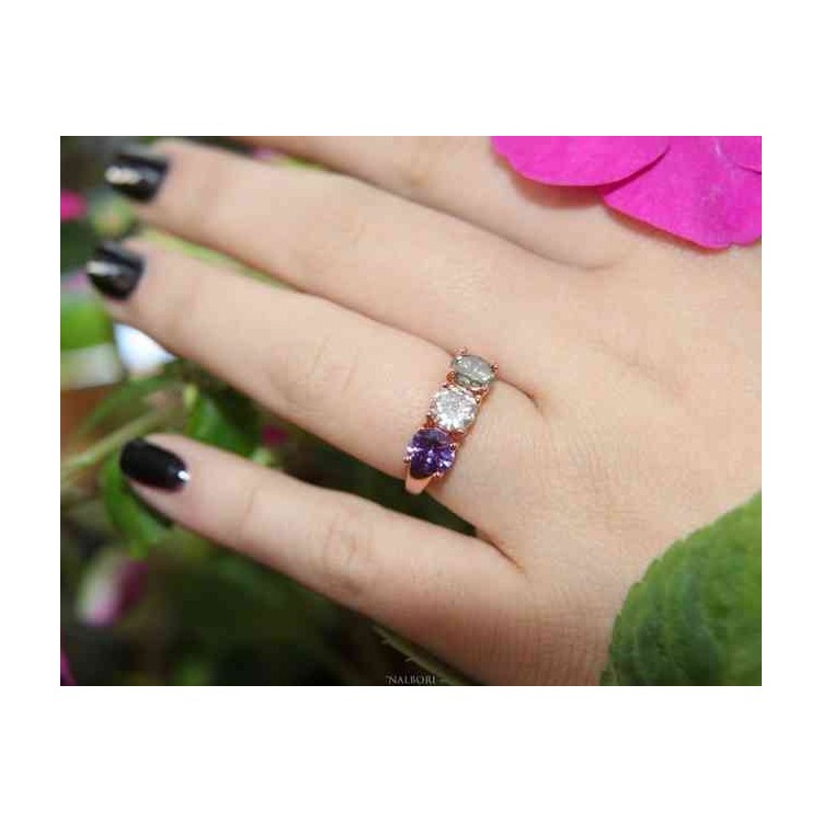 NALBORI ring trilogy zircon purple green white for woman in 925 silver rose gold bath