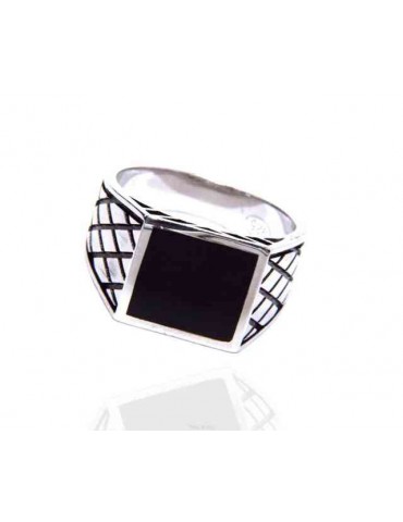 Anello in argento 925 sigillo chevalier squadrato nero rombi