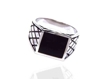 NLB|Silver ring 925 chevalier shield squared black diamond pattern