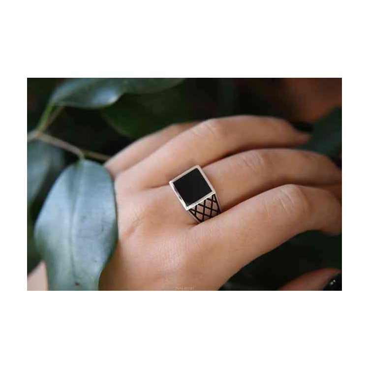NLB|Silver ring 925 chevalier shield squared black diamond pattern
