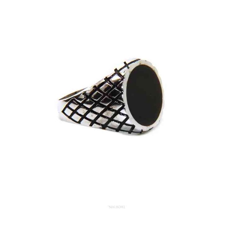 NLB|Ring man chevalier shield round black 925 silver rhombuses