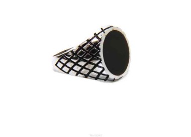 NLB|Anello uomo scudo chevalier tondo nero Argento 925 rombi - N140539