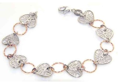 NLB|Fine Silver 925 : woman bracelet double color hearts laser cutting  and diamond's' rings