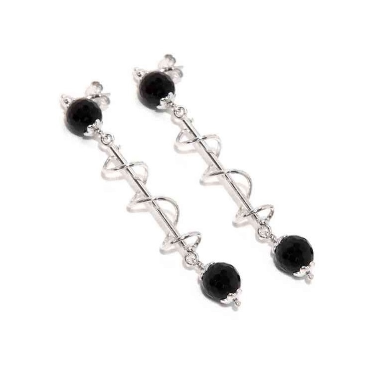 NLB|Long silver 925 woman earrings with spiral and black agate
