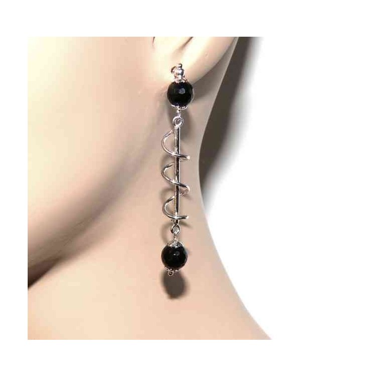 NLB|Long silver 925 woman earrings with spiral and black agate