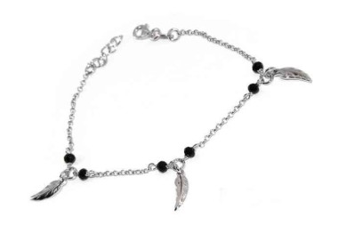 NLB|Bracciale Argento 925 cristallo nero , ciondoli foglie