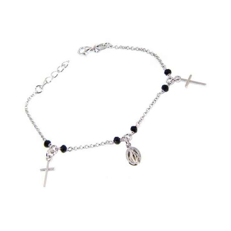 NLB|Bracciale rosario uomo donna Argento 925 cristallo nero , ciondoli croce madonna miracolosa cm 16,50 19,00