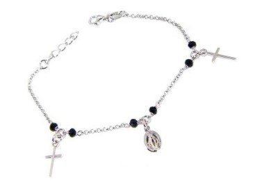 NLB|Bracciale rosario uomo donna Argento 925 cristallo nero , ciondoli croce madonna miracolosa cm 16,50 19,00