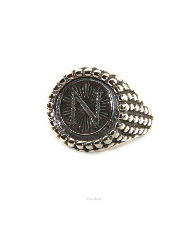 Anello pallinato argento 925 chevalier regolabile monogramma stemma NALBORI Anello pallinato argento 925 chevalier regolabile monogramma stemma NALBORI
