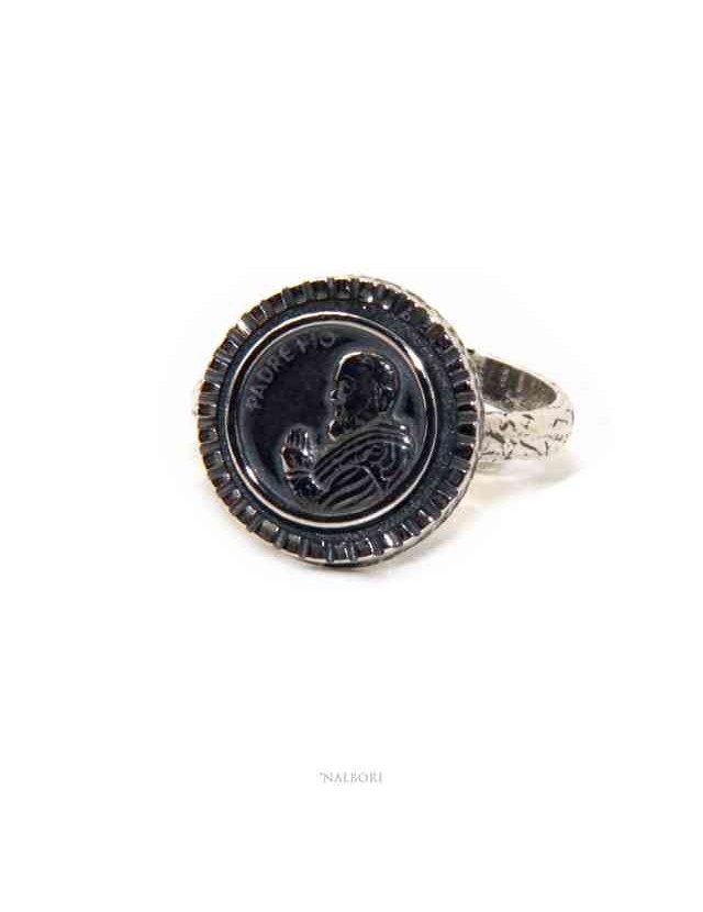 NALBORI Anello Argento 925 da uomo o donna scudo regolabile con Padre Pio NALBORI Anello Argento 925 da uomo o donna scudo regolabile con Padre Pio