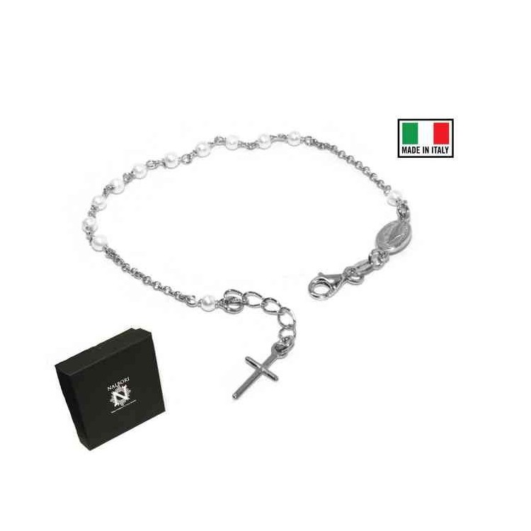 NLB|Rosary bracelet in 925 silver miraculous madonna and white beads