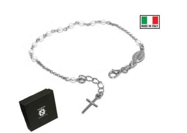 NLB|Bracciale rosario in Argento 925 madonna miracolosa e perline bianche
