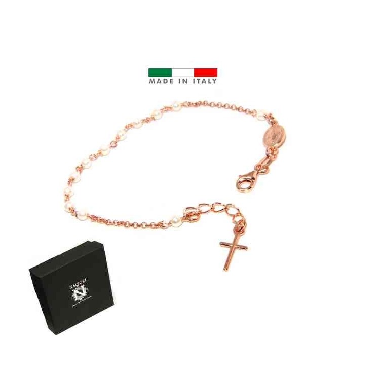 NLB|Rosary bracelet in 925 silver in rose gold with white beads