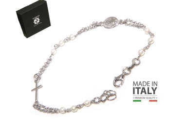 NLB|Bracciale rosario Argento 925 croce e madonna miracolosa  con perle