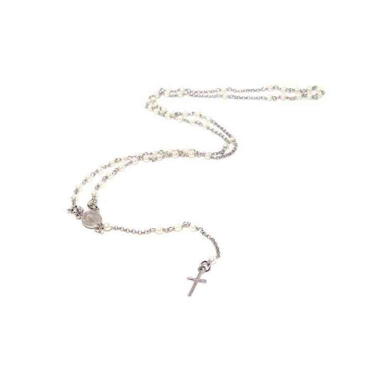 NALBORI Collana Rosario Argento 925 a Y  perle , bagno oro bianco
