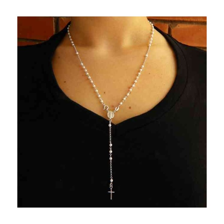 NLB|Y-shaped 925 silver rosary necklace with white pearls 55 cm white gold bath