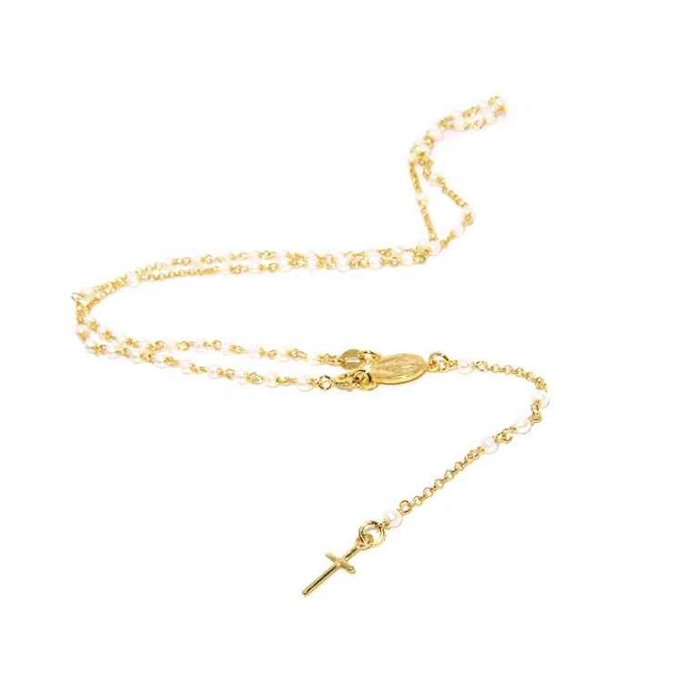 NLB|Y-shaped 925 silver rosary necklace with white pearls 55 cm Yellow gold bath