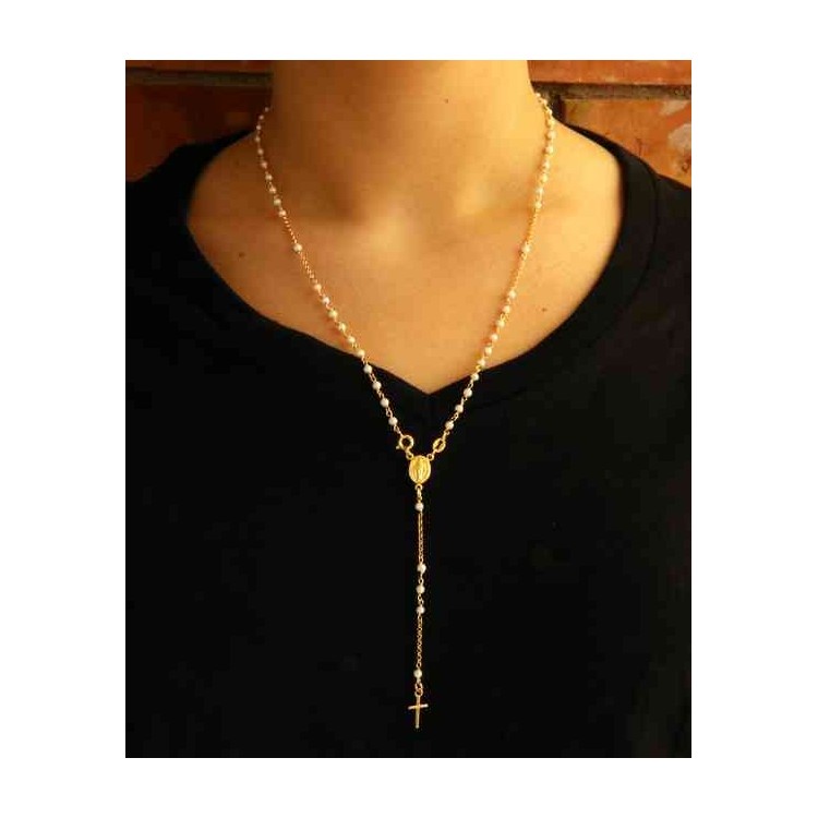 NLB|Y-shaped 925 silver rosary necklace with white pearls 55 cm Yellow gold bath