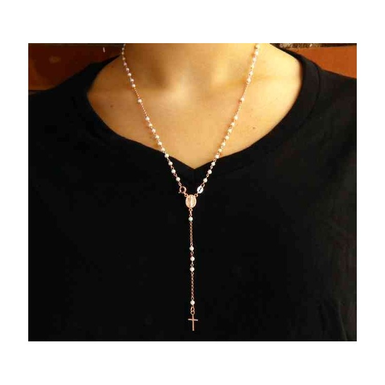 NLB|Y-shaped 925 silver rosary necklace with white pearls 55 cm rose gold bath