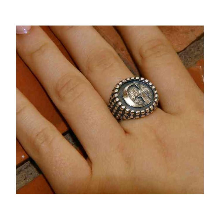 NALBORI Anello Argento 925 pallinato chevalier regolabile lettera G