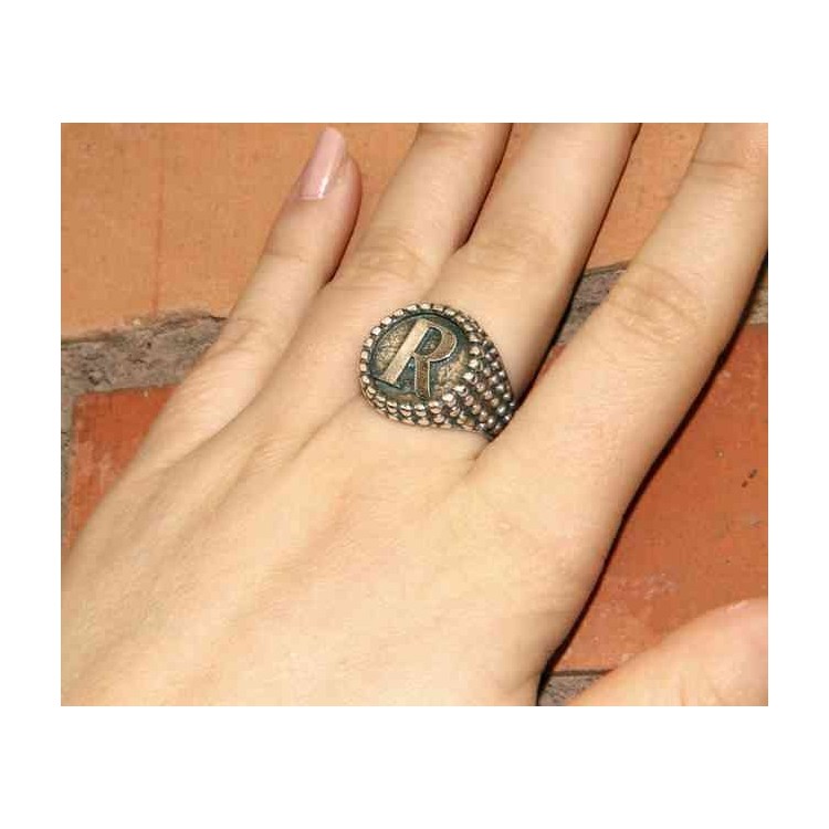 NALBORI Anello Argento 925 pallinato chevalier regolabile lettera R