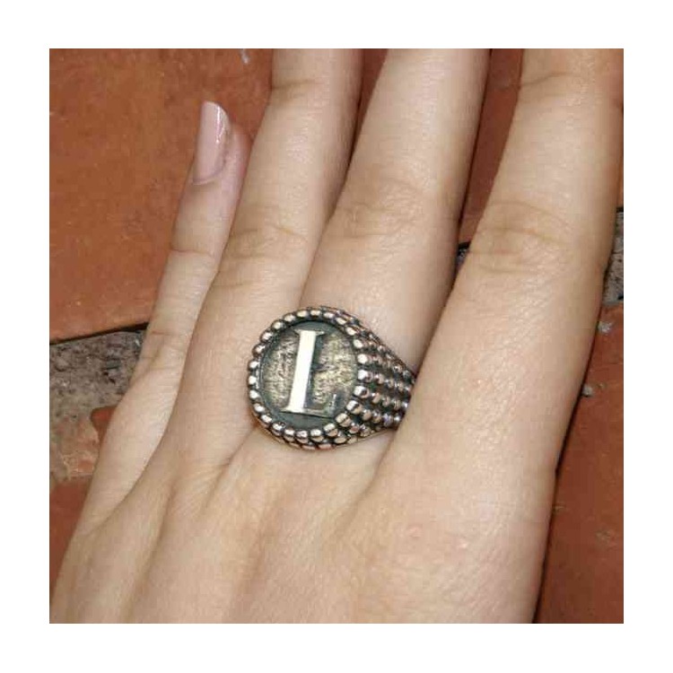 NALBORI Anello Argento 925 pallinato chevalier regolabile lettera L