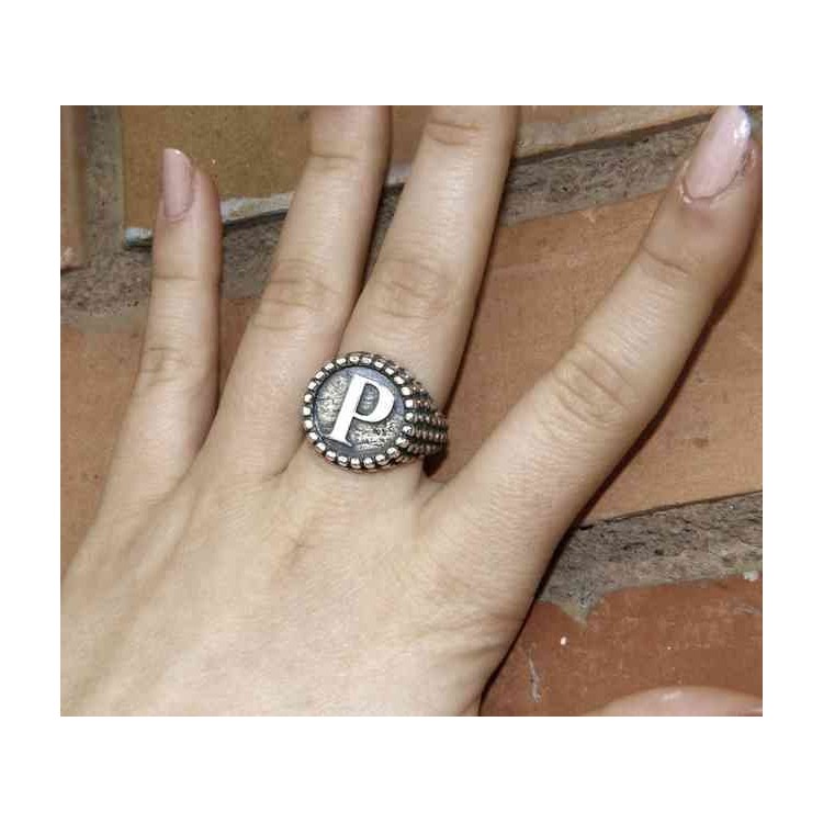 NALBORI Ring Silver 925 chevalier shield adjustable letter P