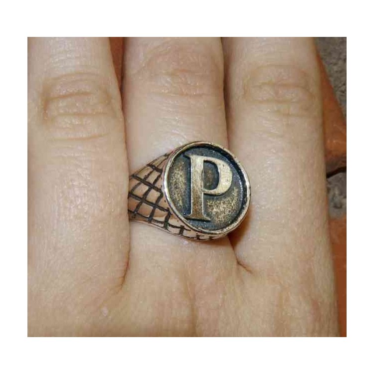 NALBORI Anello Argento 925 rigato chevalier regolabile lettera P