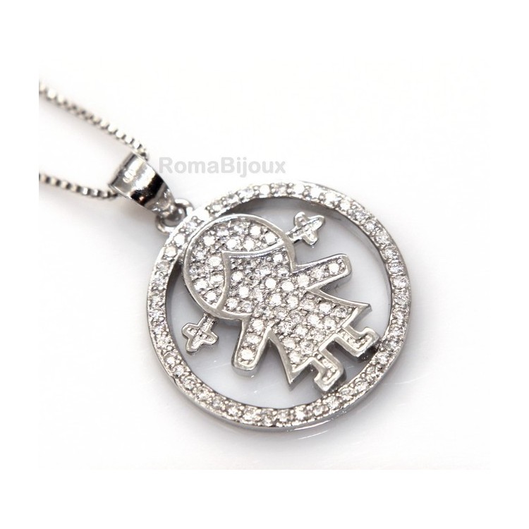 NLB|Argento 925 : Collana Collier donna veneziana 44 cm e pendente bimba a cerchio microsetting zirconi bianchi