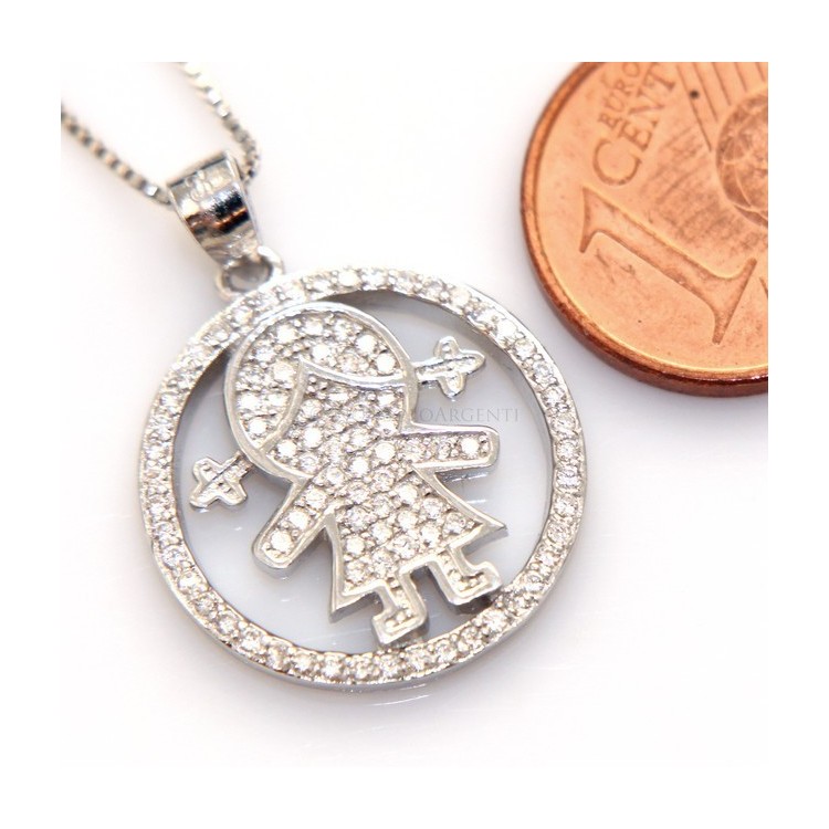 NLB|silver 925: 44 cm Necklace Collier Venetian woman and child pendant hoop microsetting white zirconia