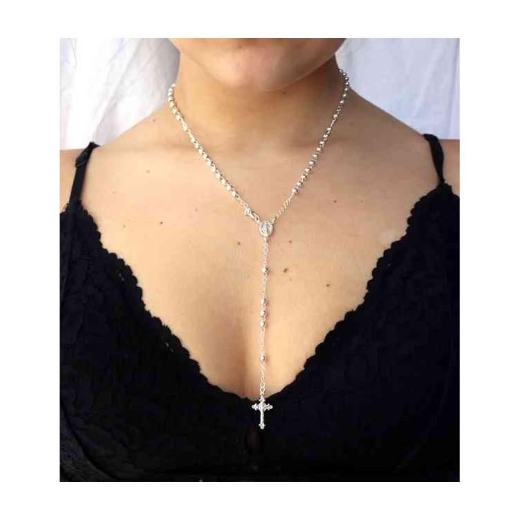 NALBORI Collana Rosario Argento 925 a Y palline 4 mm 45 cm