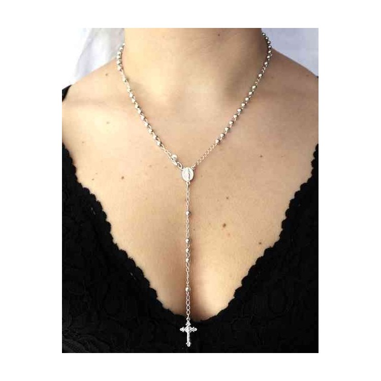 NALBORI Rosary necklace in 925 silver with rhodium-plated balls 4 mm 45 cm