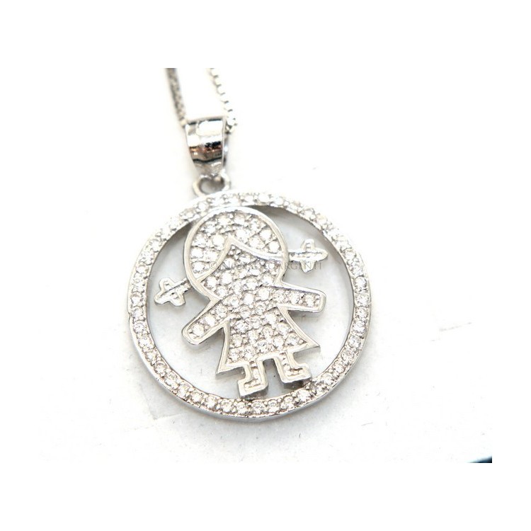 NLB|Argento 925 : Collana Collier donna veneziana 44 cm e pendente bimba a cerchio microsetting zirconi bianchi