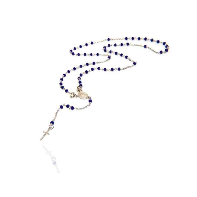 NALBORI 925 Silver Rosary Necklace With blue crystal crucified miraculous madonna 56 cm