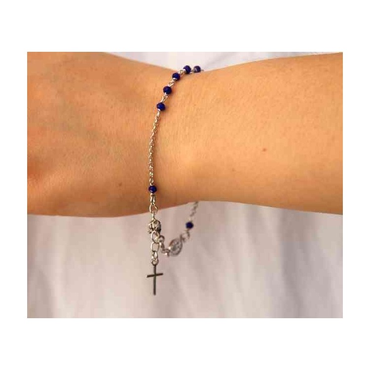 NALBORI Bracciale rosario in Argento 925 ovale madonna , croce e cristallo blu 16,00 19,00 cm
