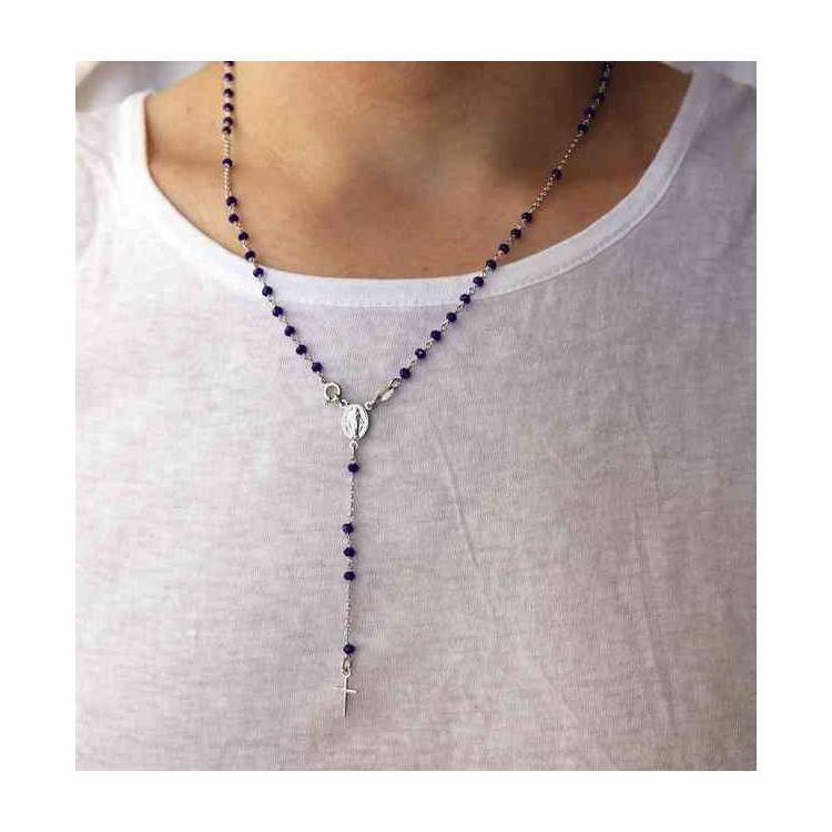 NLB|NALBORI 925 Silver Rosary Necklace With blue crystal crucified miraculous madonna 56 cm