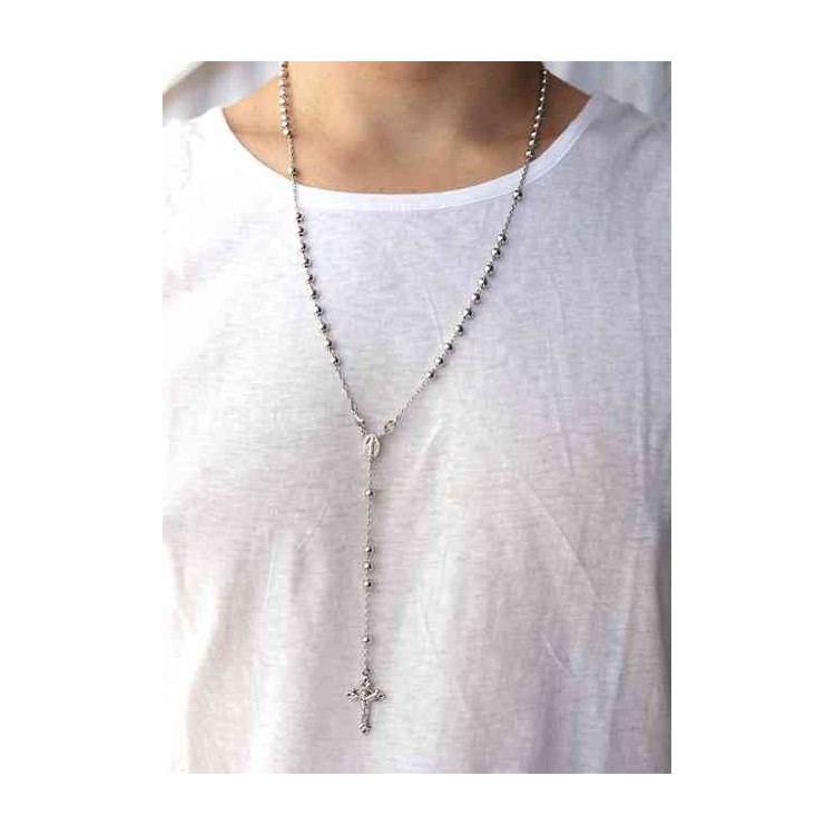 NLB|Rosary necklace for men or women in 925 sterling silver cross worked balls 5 mm 67 cm Rhodium