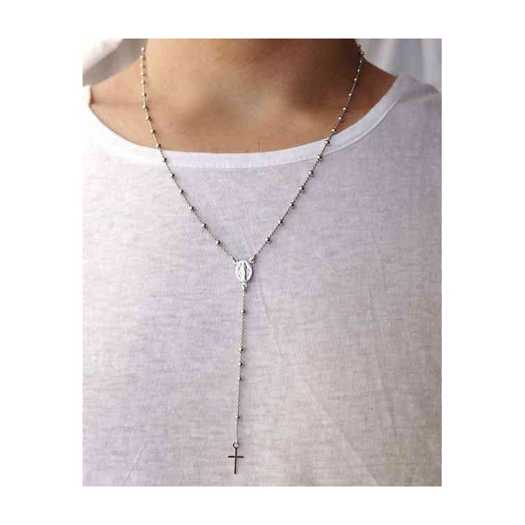 NLB|Rosary Necklace man or woman in 925 balls 3 mm Rosary Necklace man or woman in 925 balls 3 mm   cross wet white gold plating