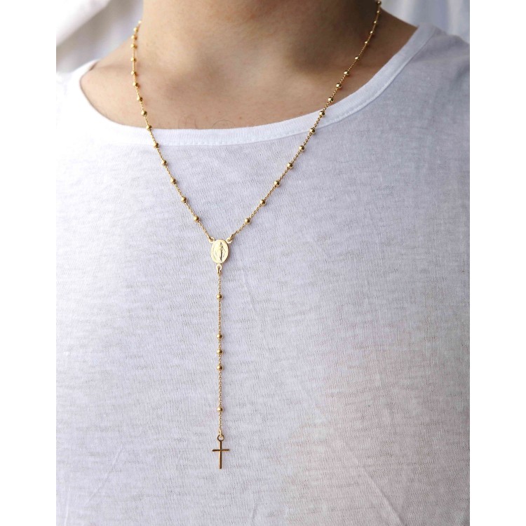 NLB|Collana rosario uomo o donna in Argento 925 palline 3 mm croce liscia bagno oro giallo