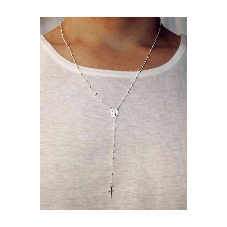 NALBORI|Rosary Necklace man or woman in 925 balls 3 mm clear smooth cross