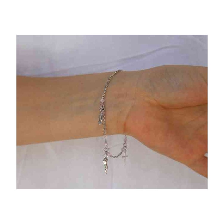 NALBORI Bracciale rosario in Argento 925 madonna cornetto croce cristallo rosa quarzo