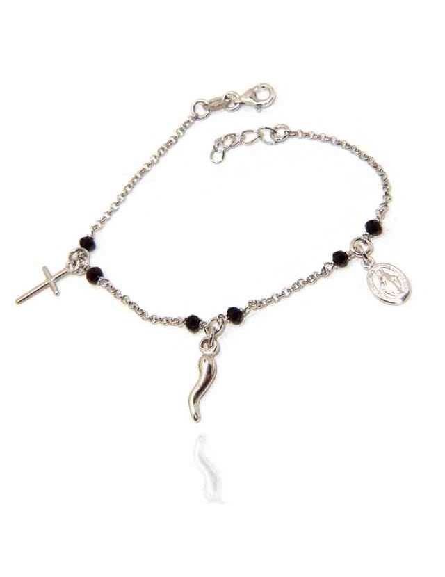 NALBORI Bracciale rosario in Argento 925 madonna cornetto croce nero NALBORI Bracciale rosario in Argento 925 madonna cornetto croce nero