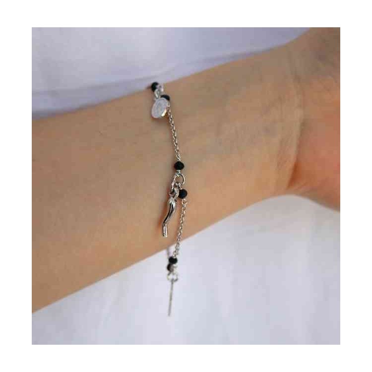 NALBORI Rosary bracelet in 925 sterling silver Madonna horn with cross black