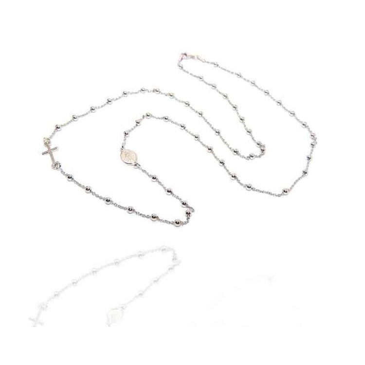 NLB|Rosary necklace in 925 rhodium silver, 3 mm long balls, miraculous madonna cross