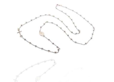 NLB|Rosary necklace in 925 rhodium silver, 3 mm long balls, miraculous madonna cross
