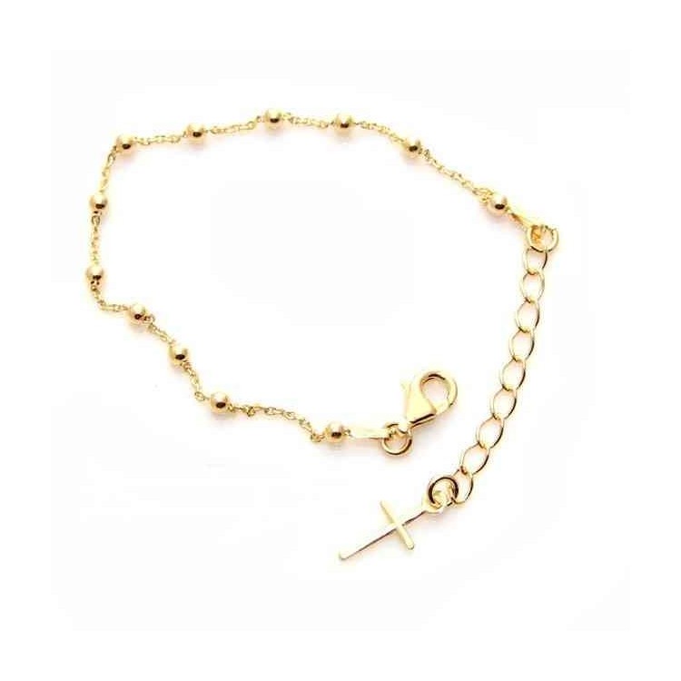 NLB|Bracciale rosario Argento 925 croce liscia placcato Oro giallo 16,50 - 20 cm regolabile nalbori