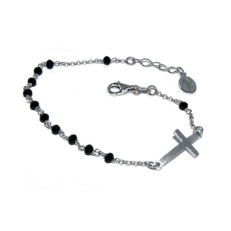 NLB|Bracelet rosary man in 925 madonna miraculous satin convex cross and black crystal. 18-20 cm