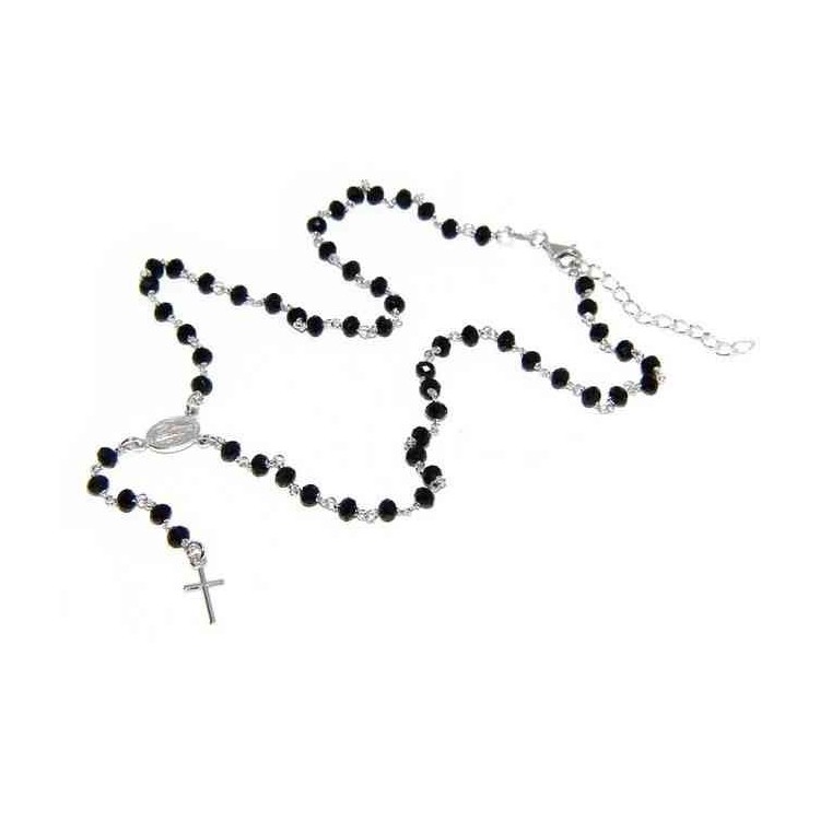 NLB|Rosary Necklace With 925 Silver Man crushed 4mm black crystal cross and madonna 45 + 5