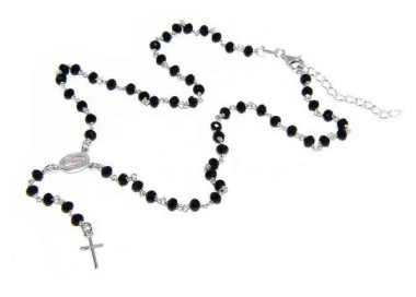 NLB|Collana Rosario uomo Argento 925 Con cristallo nero schiacciato 4mm croce e madonna 45+5